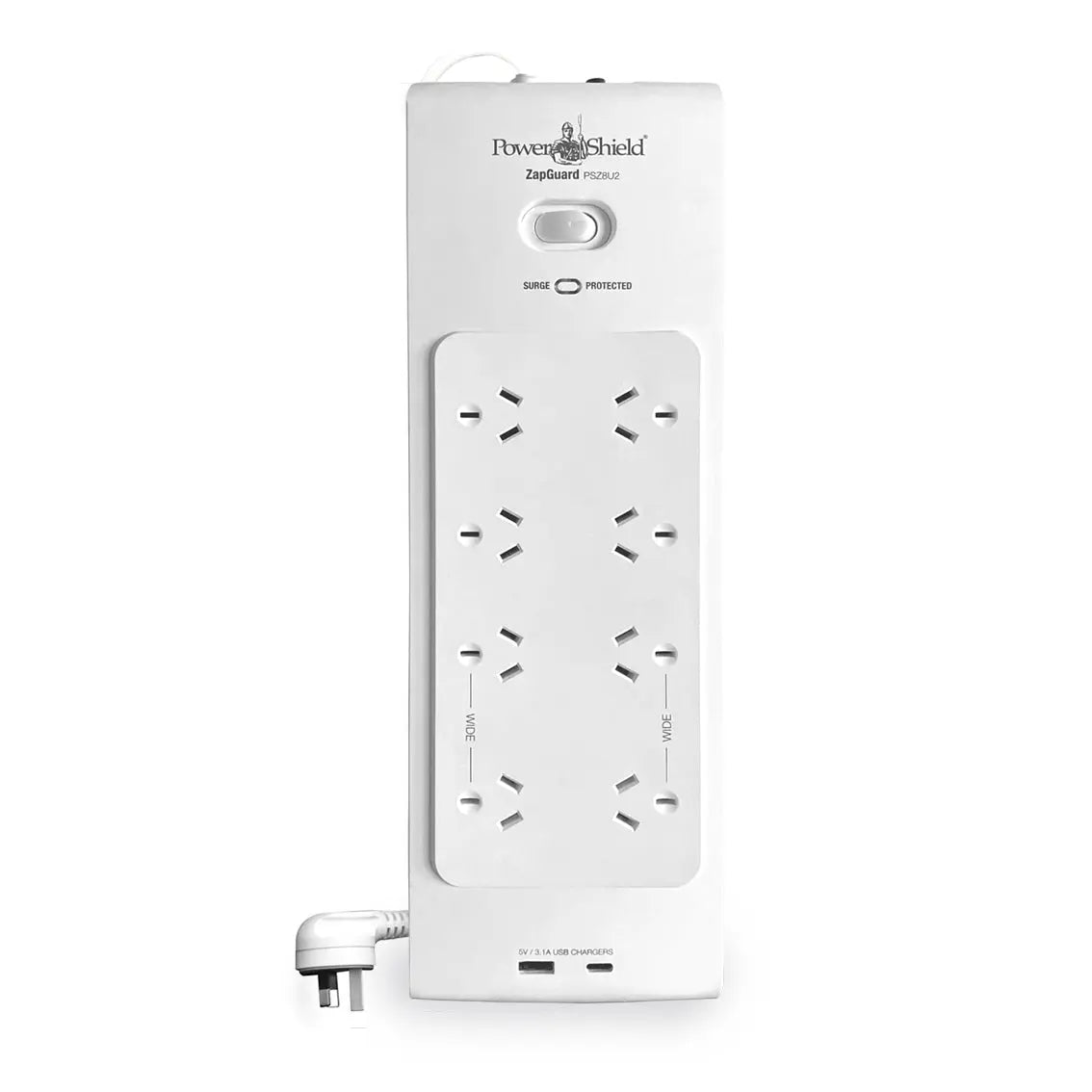 POWERSHIELD PSZ8U2 ZapGuard 8 Way Power Surge Filter Board, USB A / C Connectors, Wide Spaced Sockets, Wall Mountable,$60,000 Connected Equipment POWERSHIELD