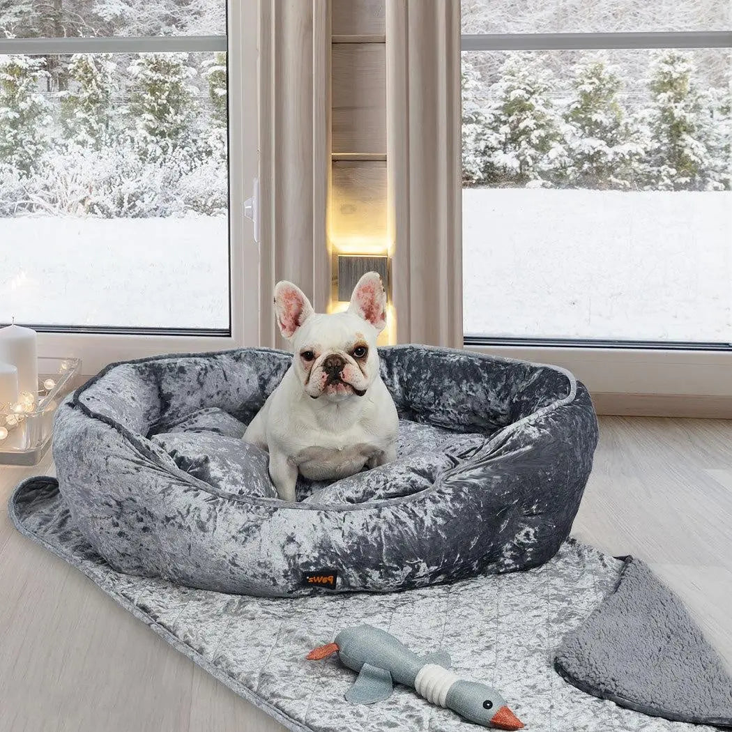 PaWz Pet Bed Set Dog Cat Quilted Blanket Squeaky Toy Calming Warm Soft Nest Grey XL Deals499