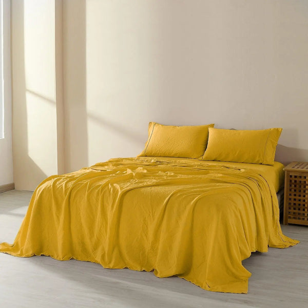 Royal Comfort Flax Linen Blend Sheet Set Bedding Luxury Breathable Ultra Soft Mustard Gold King Deals499