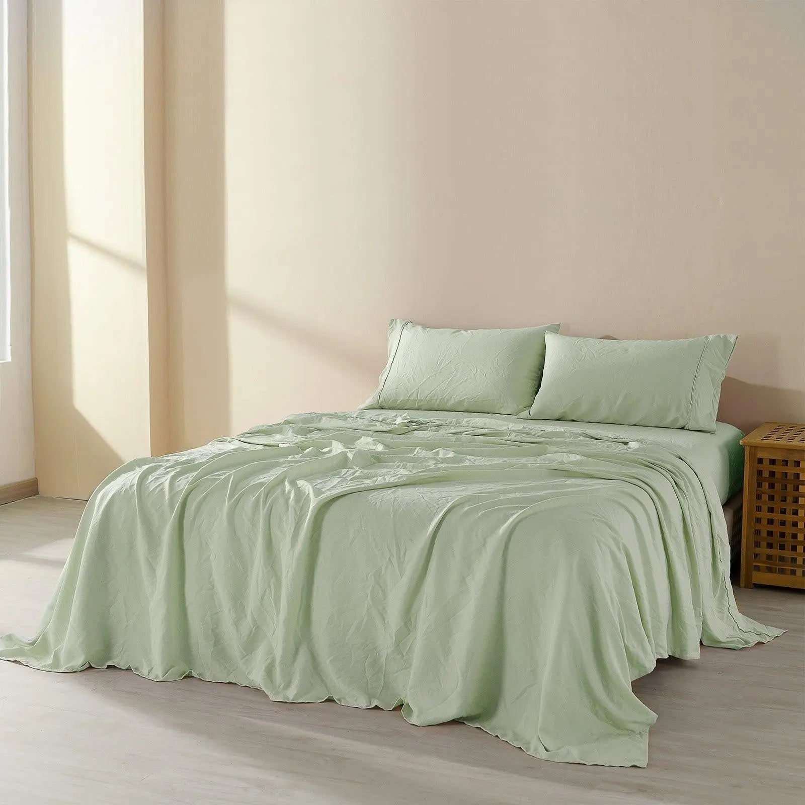 Royal Comfort Flax Linen Blend Sheet Set Bedding Luxury Breathable Ultra Soft Sage Green King Deals499