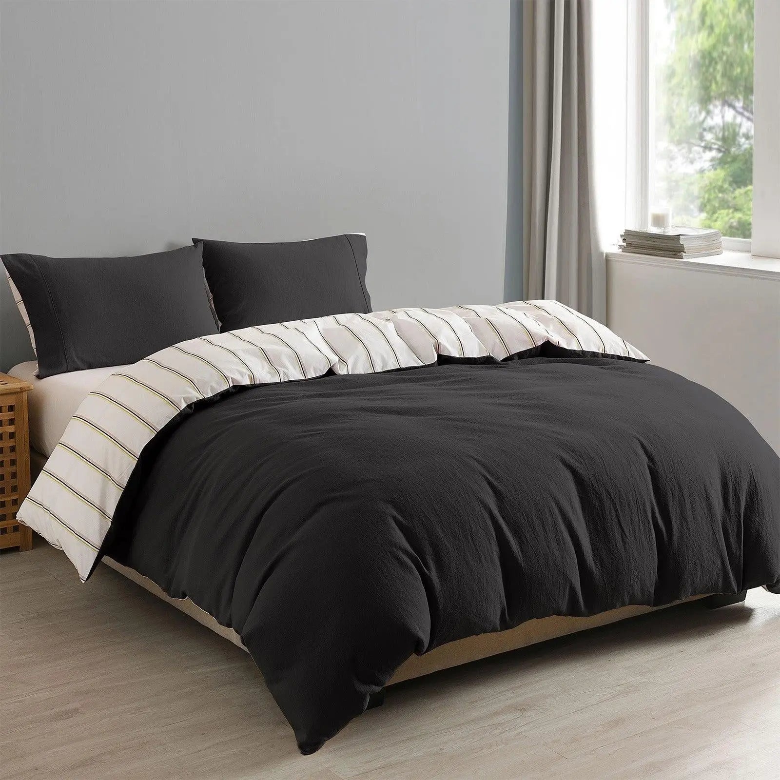 Royal Comfort Hemp Braid Cotton Blend Quilt Cover Set Reverse Stripe Bedding Charcoal Queen Deals499