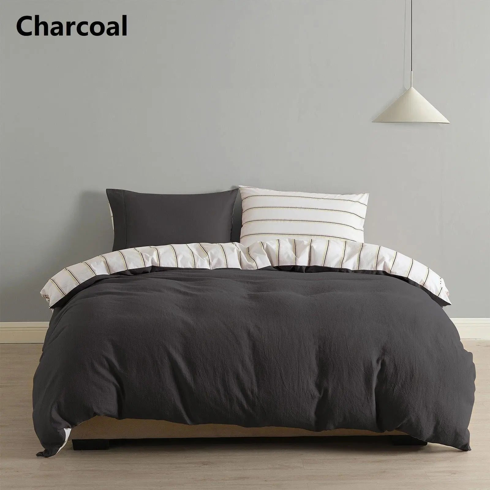 Royal Comfort Hemp Braid Cotton Blend Quilt Cover Set Reverse Stripe Bedding Charcoal Queen Deals499