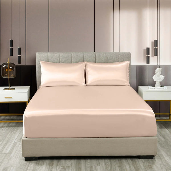 Royal Comfort Satin Sheet Set 3 Piece Fitted Sheet Pillowcase Soft - Queen - Champagne Pink Deals499