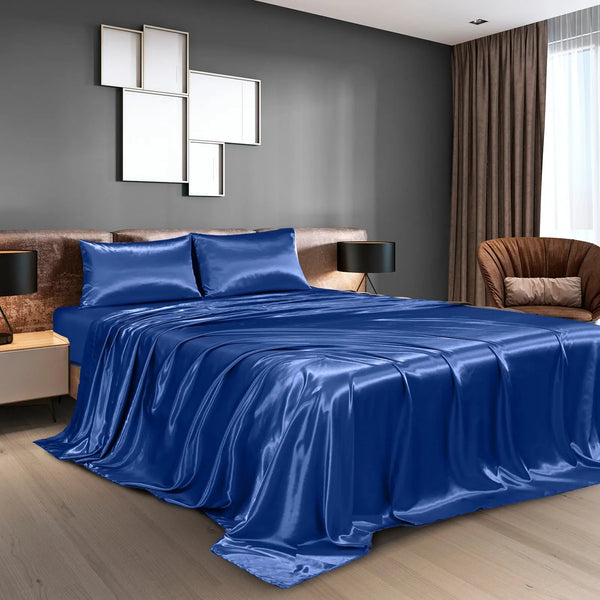 Royal Comfort Satin Sheet Set 4 Piece Fitted Flat Sheet Pillowcases - King - Navy Blue Deals499