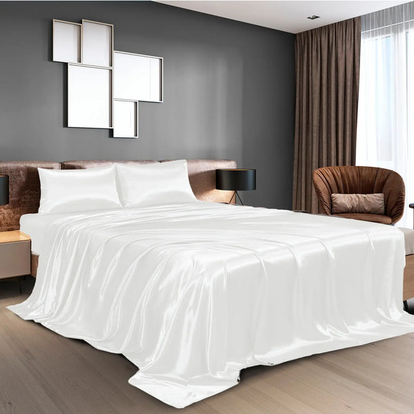Royal Comfort Satin Sheet Set 4 Piece Fitted Flat Sheet Pillowcases - King - White Deals499
