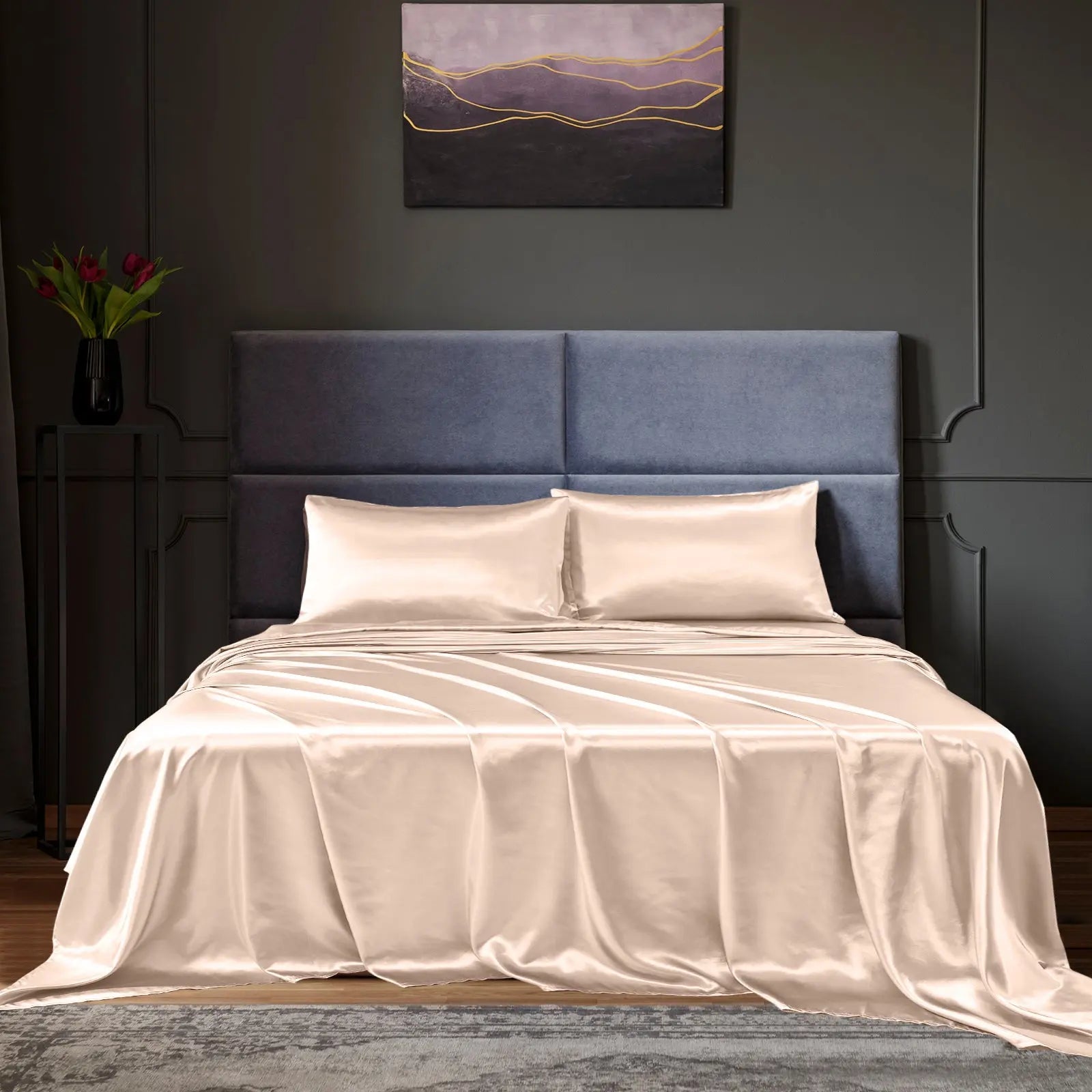 Royal Comfort Satin Sheet Set 4 Piece Fitted Flat Sheet Pillowcases  - Queen - Champagne Pink Deals499