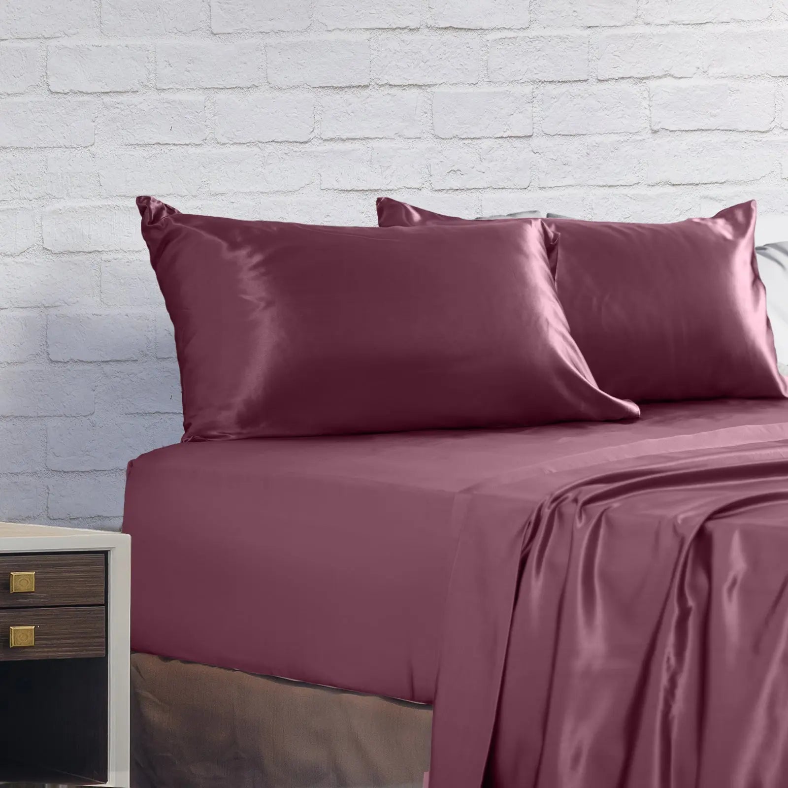 Royal Comfort Satin Sheet Set 4 Piece Fitted Flat Sheet Pillowcases  - Queen - Malaga Wine Deals499