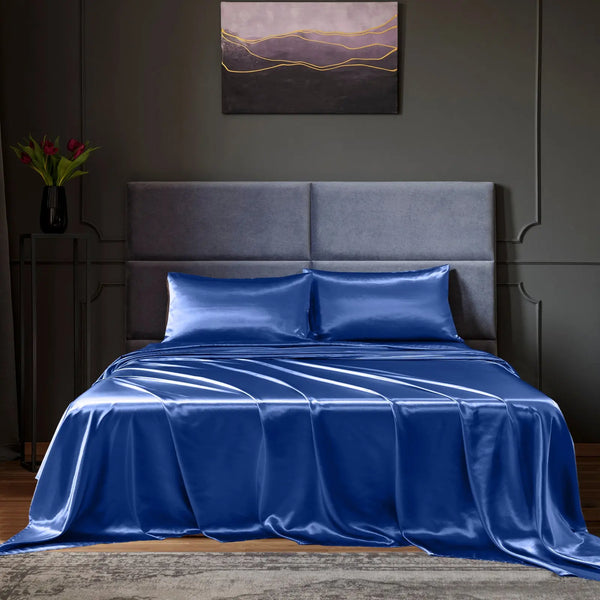 Royal Comfort Satin Sheet Set 4 Piece Fitted Flat Sheet Pillowcases - Queen - Navy Blue Deals499
