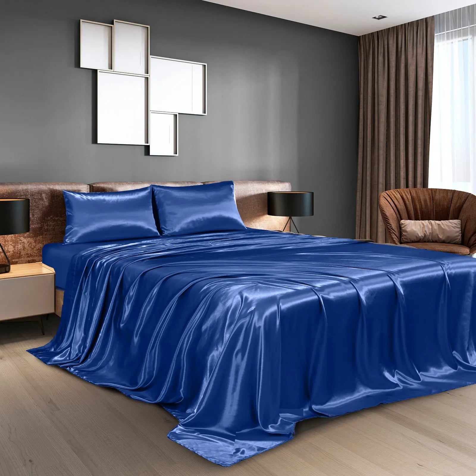 Royal Comfort Satin Sheet Set 4 Piece Fitted Flat Sheet Pillowcases - Queen - Navy Blue Deals499