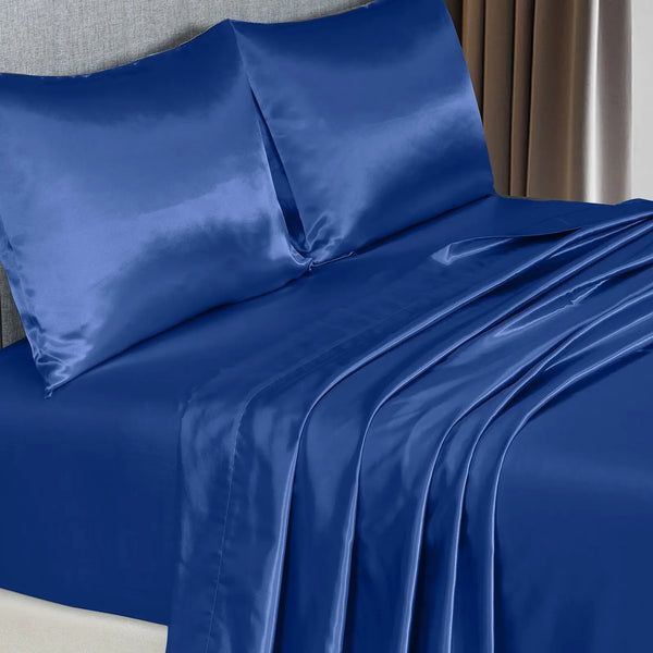 Royal Comfort Satin Sheet Set 4 Piece Fitted Flat Sheet Pillowcases - Queen - Navy Blue Deals499