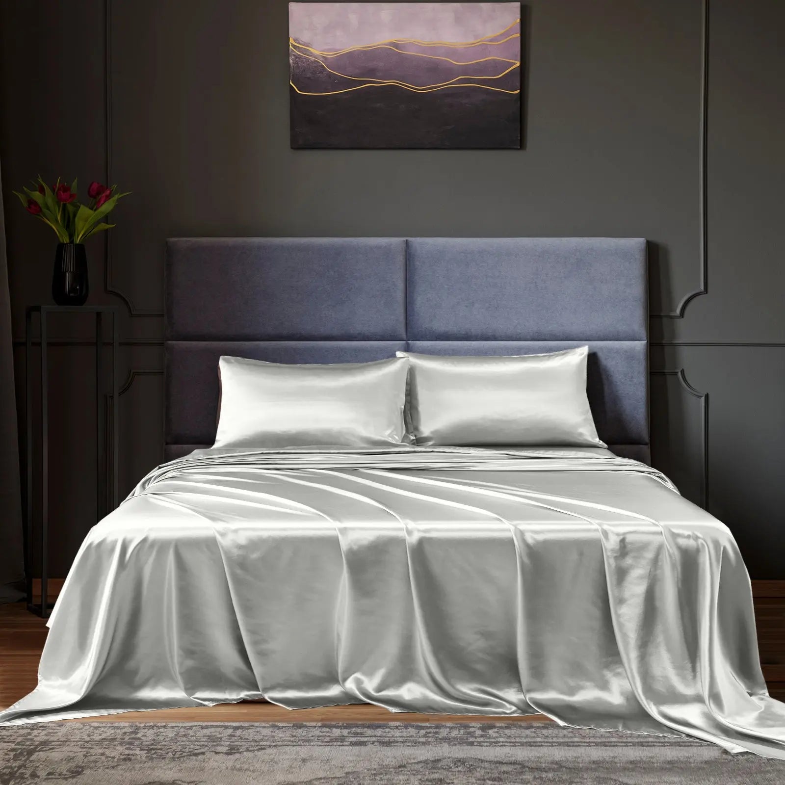 Royal Comfort Satin Sheet Set 4 Piece Fitted Flat Sheet Pillowcases - Queen - Silver Deals499