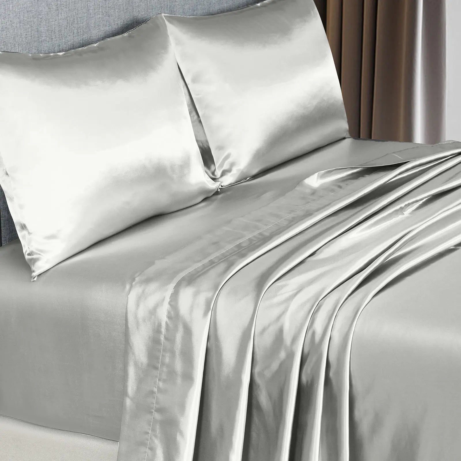Royal Comfort Satin Sheet Set 4 Piece Fitted Flat Sheet Pillowcases - Queen - Silver Deals499