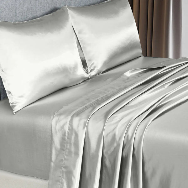 Royal Comfort Satin Sheet Set 4 Piece Fitted Flat Sheet Pillowcases - Queen - Silver Deals499