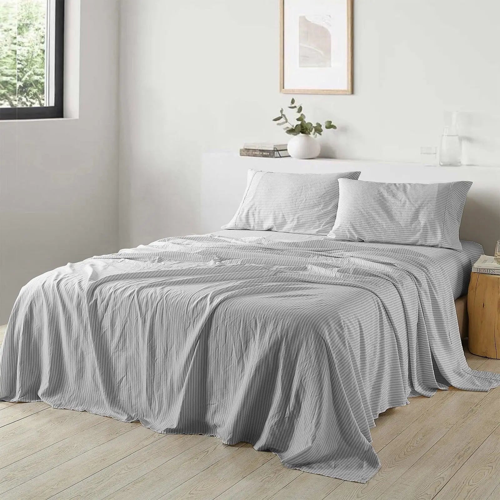 Royal Comfort Stripes Linen Blend Sheet Set Bedding Luxury Breathable Ultra Soft Grey Queen Deals499