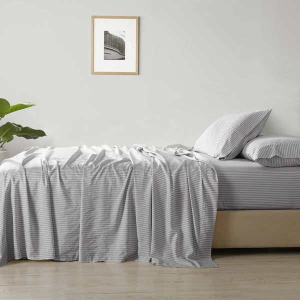 Royal Comfort Stripes Linen Blend Sheet Set Bedding Luxury Breathable Ultra Soft Grey Queen Deals499