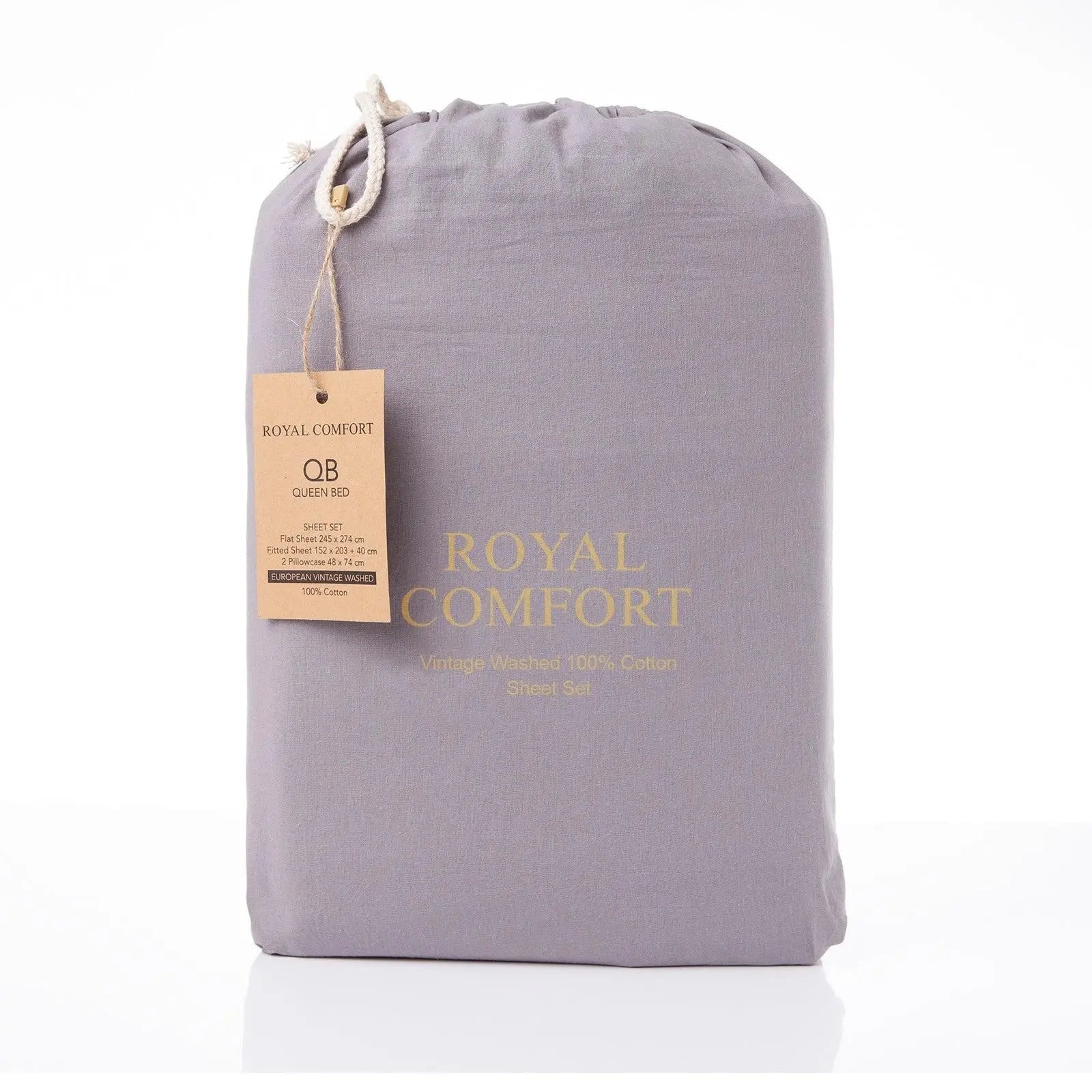 Royal Comfort Vintage Washed 100% Cotton Sheet Set Fitted Flat Sheet Pillowcases Queen Grey Deals499