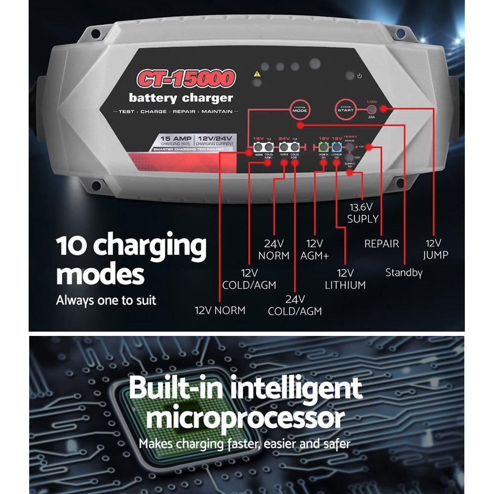 Smart Battery Charger 15A 12V 24V Automatic SLA AGM Car Truck Boat Motorcycle Caravan Deals499