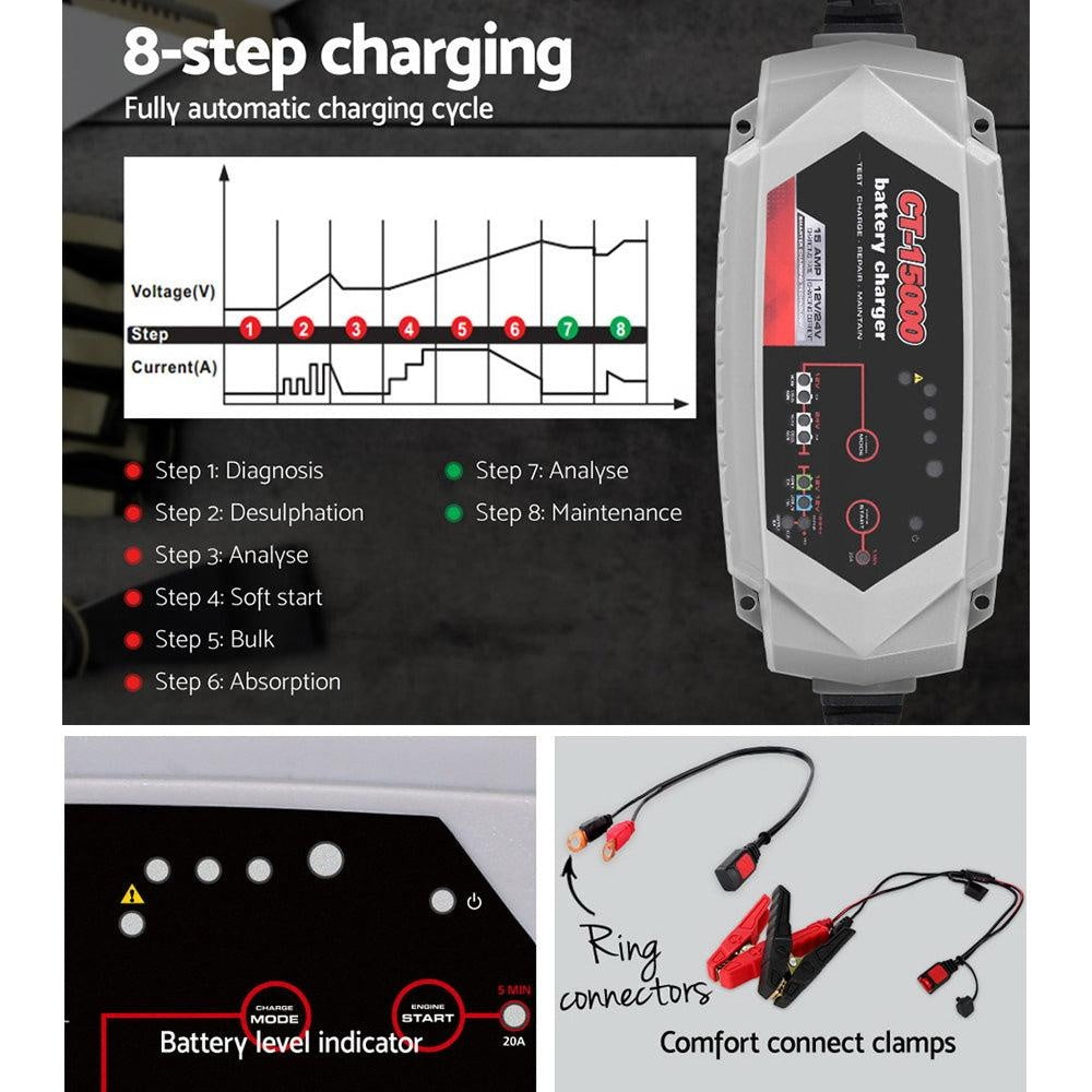 Smart Battery Charger 15A 12V 24V Automatic SLA AGM Car Truck Boat Motorcycle Caravan Deals499