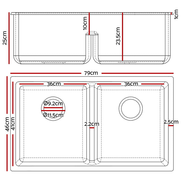 Cefito Stone Kitchen Sink 790X460MM Granite Under/Topmount Basin Double Bowl Black Deals499