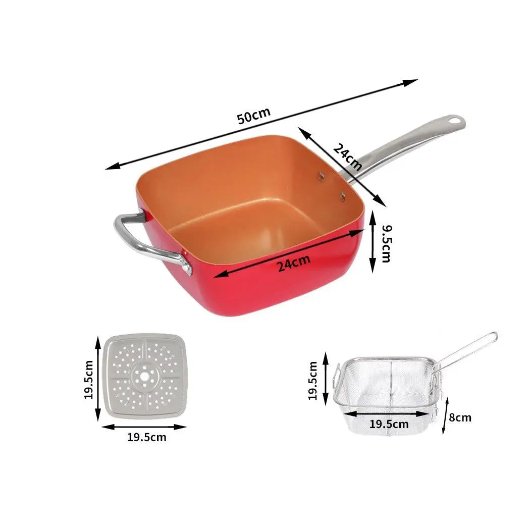 Saucepan Set Frying Pan Non Stick Deep Fry Steamer Lid Stainless Steel Handle Red Deals499