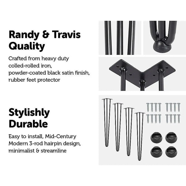 Set of 4 Industrial 3 - Rod Retro Hairpin Table Legs 12mm Steel Bench Desk - 71cm Black Deals499