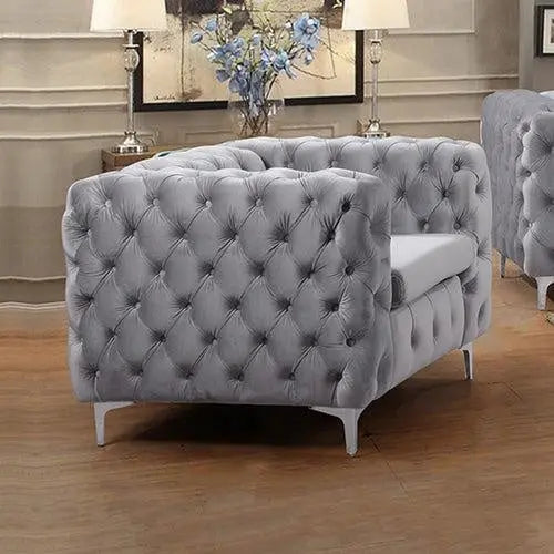 Single Seater Grey Sofa Classic Armchair Button Tufted in Velvet Fabric with Metal Legs Deals499