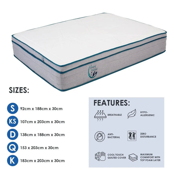 Sleepy Panda Mattress 5 Zone Pocket Spring EuroTop Medium Firm 30cm Thickness White, Grey, Blue Double Deals499