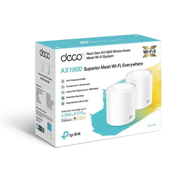 TP-Link Deco X20(2-pack) AX1800 Whole Home Mesh Wi-Fi 6 System, Up To 370 sqm Coverage, WIFI6, 1201Mbps @ 5Ghz, 574Mbps @ 2.4 GHz OFDMA, MU-MIMO TP-LINK