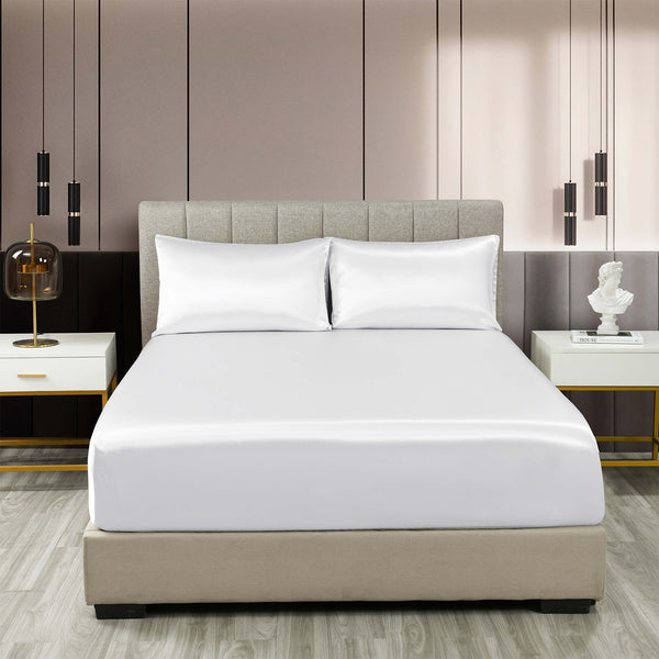 Royal Comfort Satin Sheet Set 3 Piece Fitted Sheet Pillowcase Soft - Queen - White Deals499