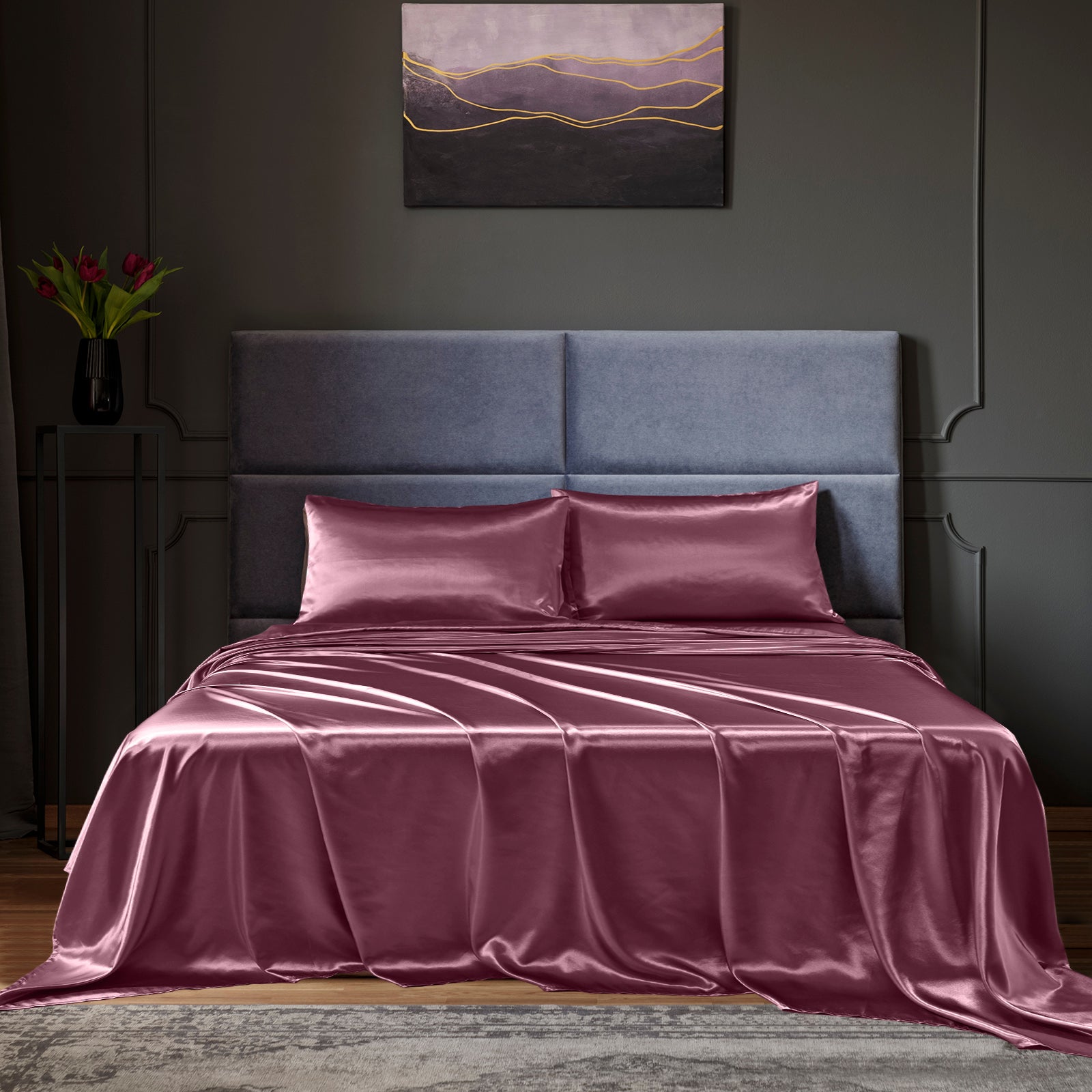 Royal Comfort Satin Sheet Set 4 Piece Fitted Flat Sheet Pillowcases - Queen - Malaga Wine Deals499