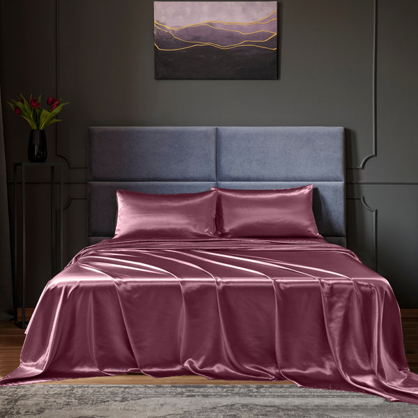 Royal Comfort Satin Sheet Set 4 Piece Fitted Flat Sheet Pillowcases - Queen - Malaga Wine Deals499