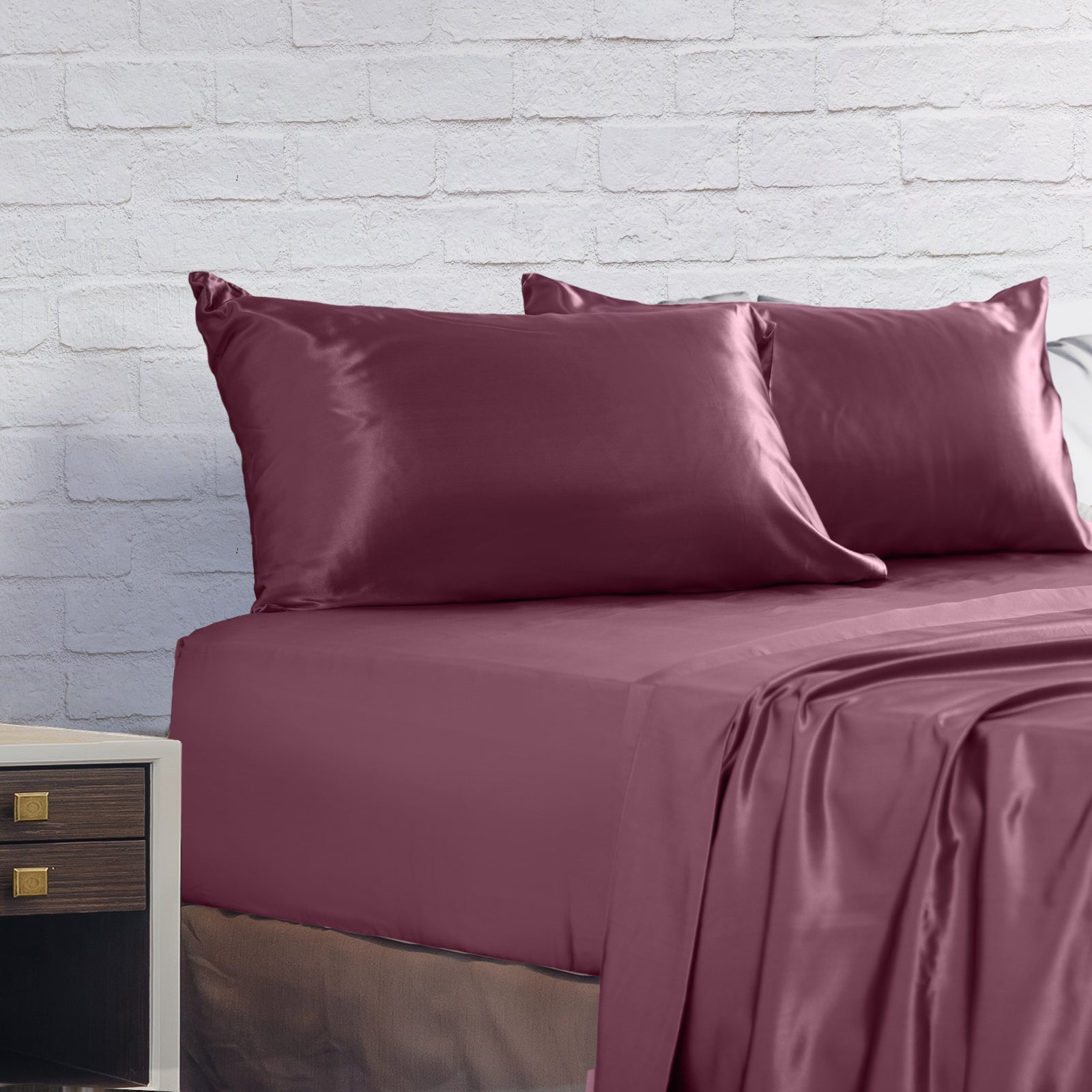 Royal Comfort Satin Sheet Set 4 Piece Fitted Flat Sheet Pillowcases - Queen - Malaga Wine Deals499