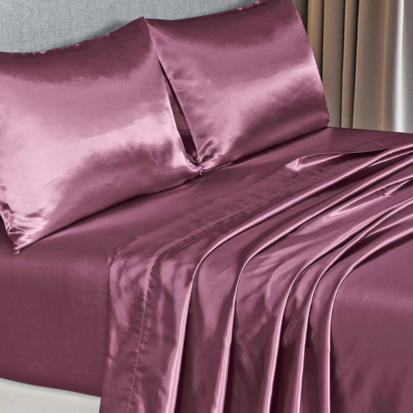 Royal Comfort Satin Sheet Set 4 Piece Fitted Flat Sheet Pillowcases - Queen - Malaga Wine Deals499