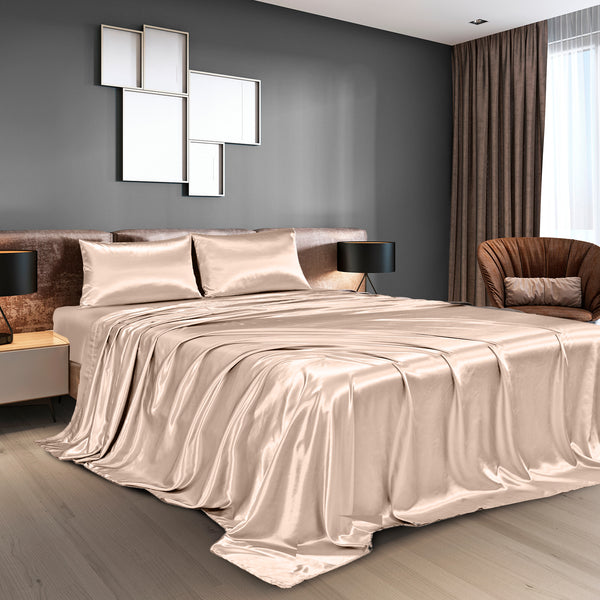 Royal Comfort Satin Sheet Set 4 Piece Fitted Flat Sheet Pillowcases - King - Champagne Pink Deals499