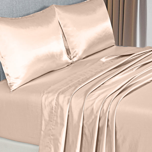 Royal Comfort Satin Sheet Set 4 Piece Fitted Flat Sheet Pillowcases - King - Champagne Pink Deals499