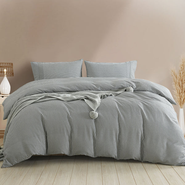Royal Comfort Striped Flax Linen Blend Quilt Cover Set Soft Touch Bedding - Queen - Charcoal from Deals499 at Deals499