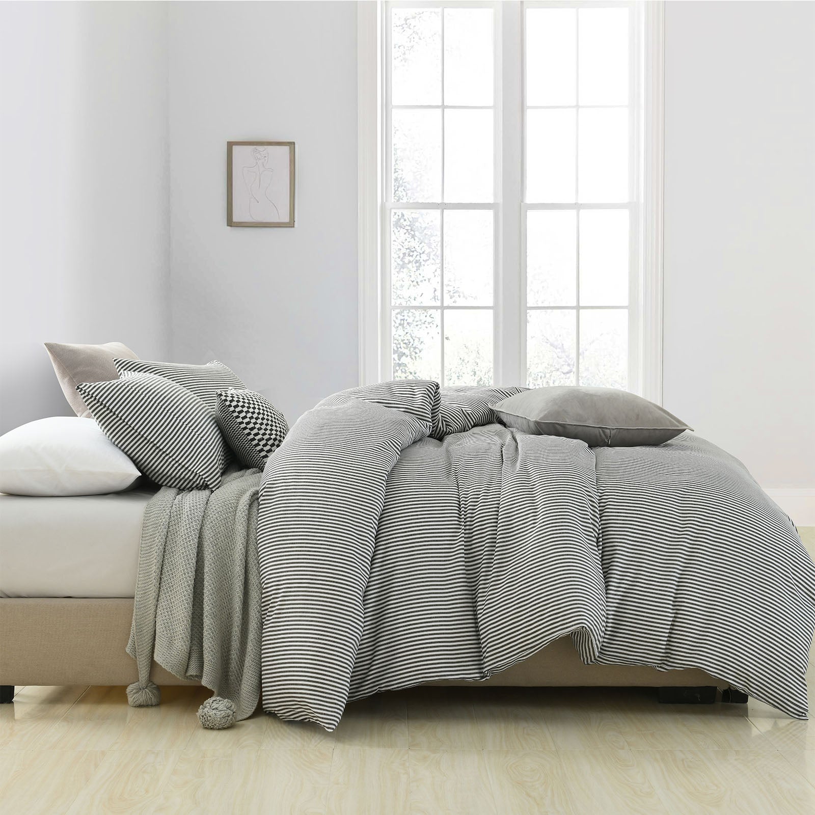Royal Comfort Striped Flax Linen Blend Quilt Cover Set Soft Touch Bedding - Queen - Charcoal from Deals499 at Deals499