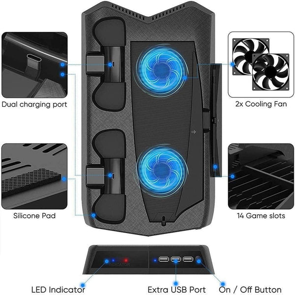 Vertical Stand Cooling/Charging Station for PS5 with Dual Controller Charger and Bonus Game Rack Storage 3 USB Ports Deals499