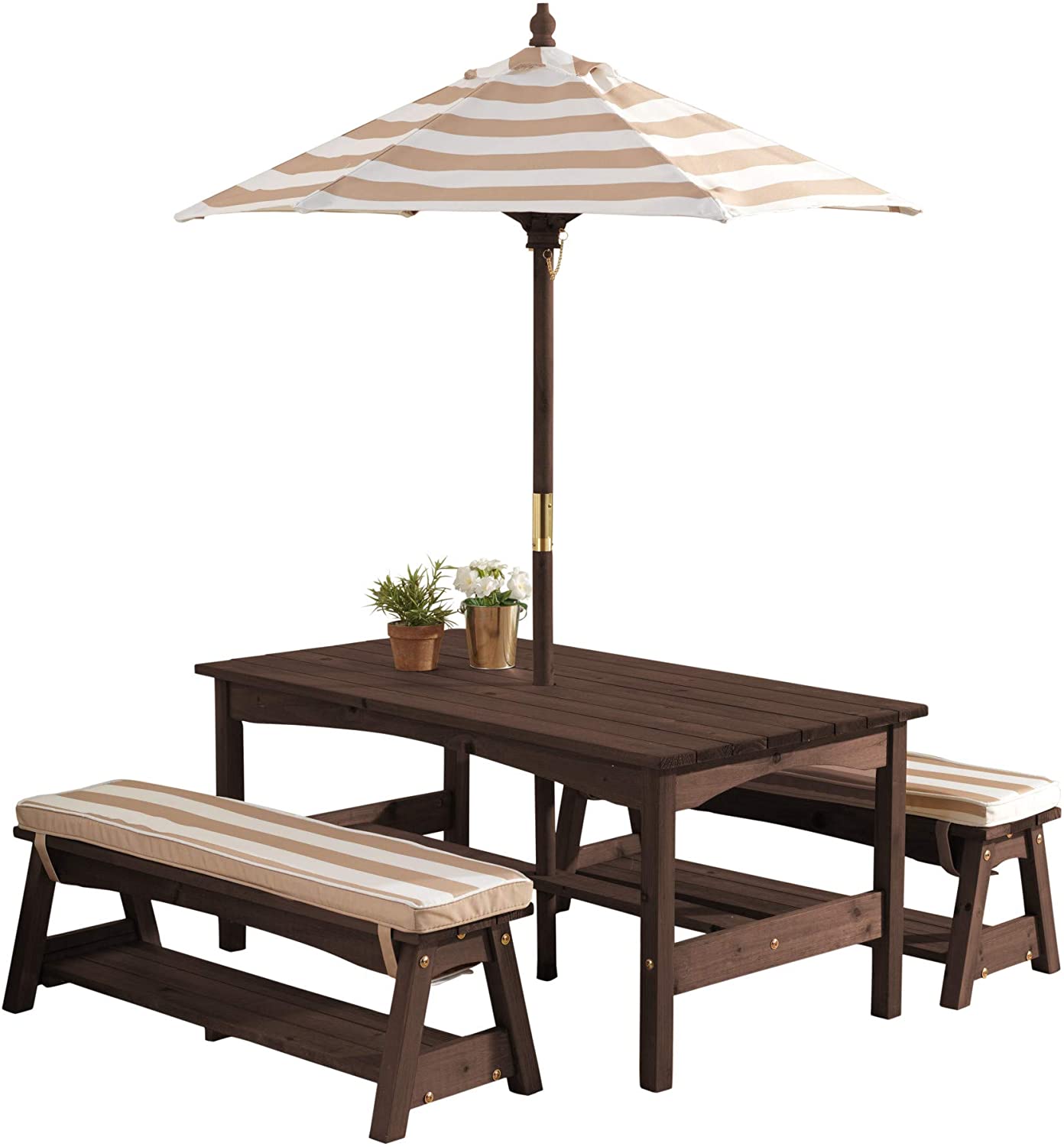 Outdoor Table & Bench Set with Cushions & Umbrella (Brown) Deals499