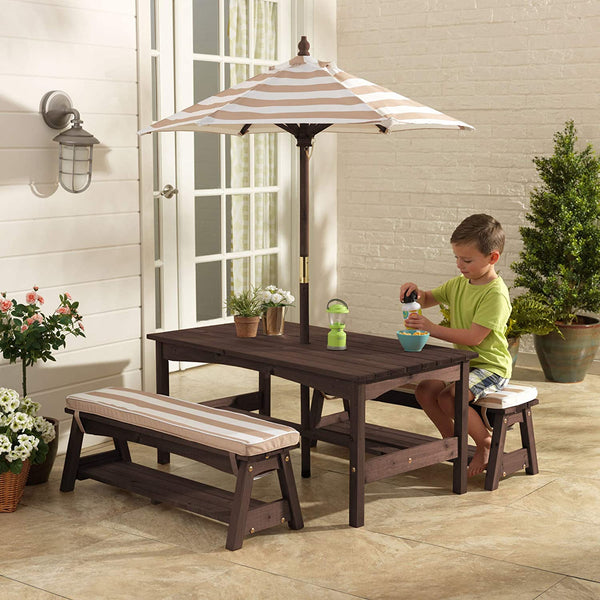 Outdoor Table & Bench Set with Cushions & Umbrella (Brown) Deals499