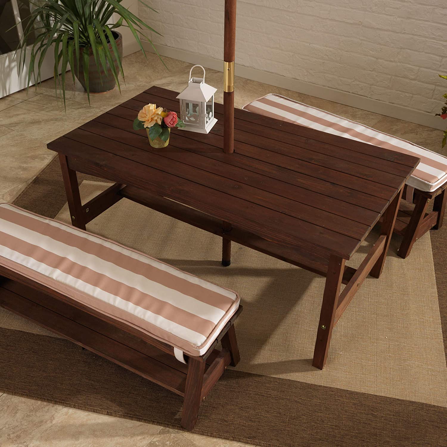Outdoor Table & Bench Set with Cushions & Umbrella (Brown) Deals499