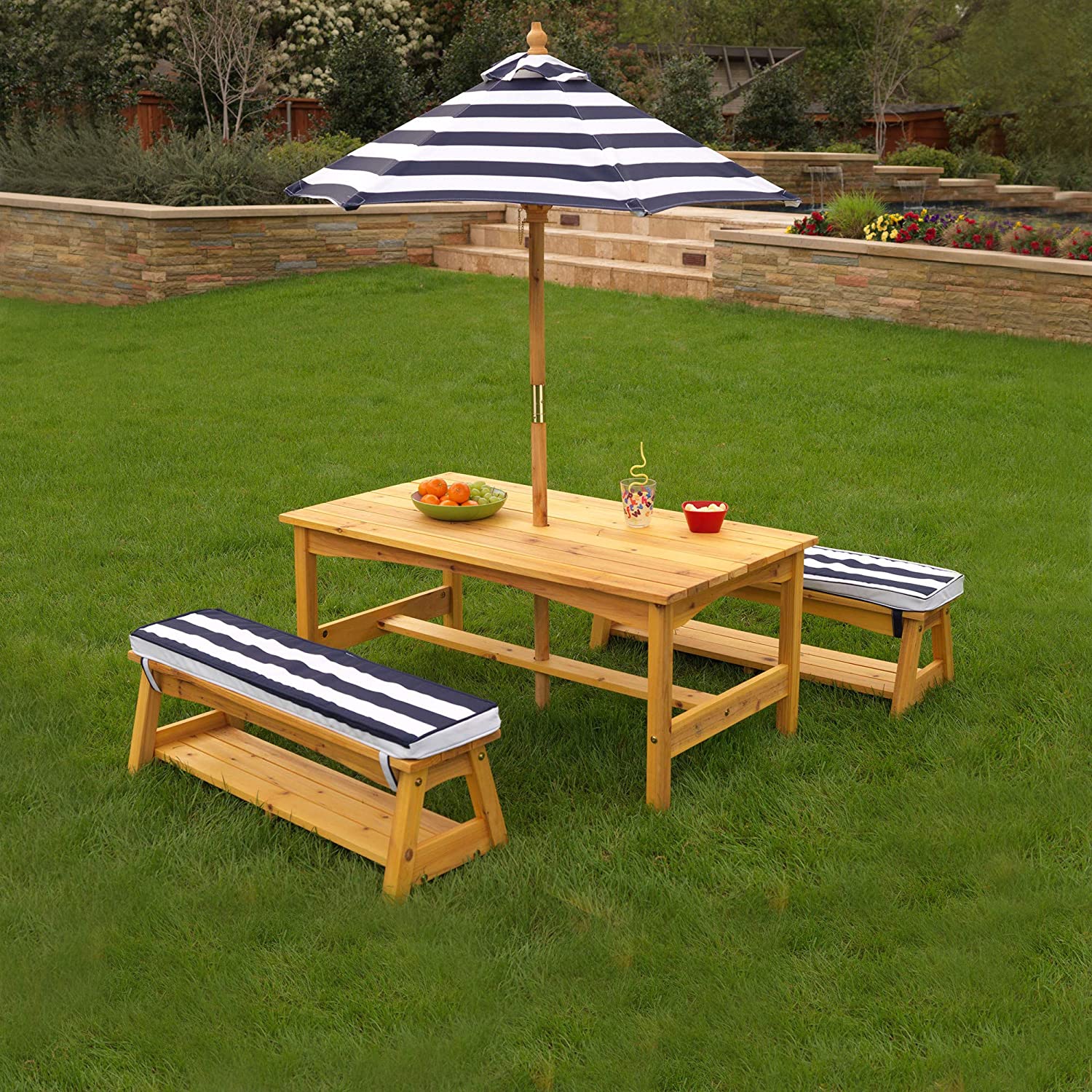 Outdoor Table & Bench Set with Cushions & Umbrella (Navy) Deals499