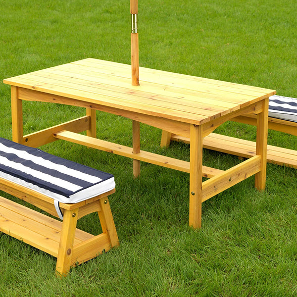 Outdoor Table & Bench Set with Cushions & Umbrella (Navy) Deals499