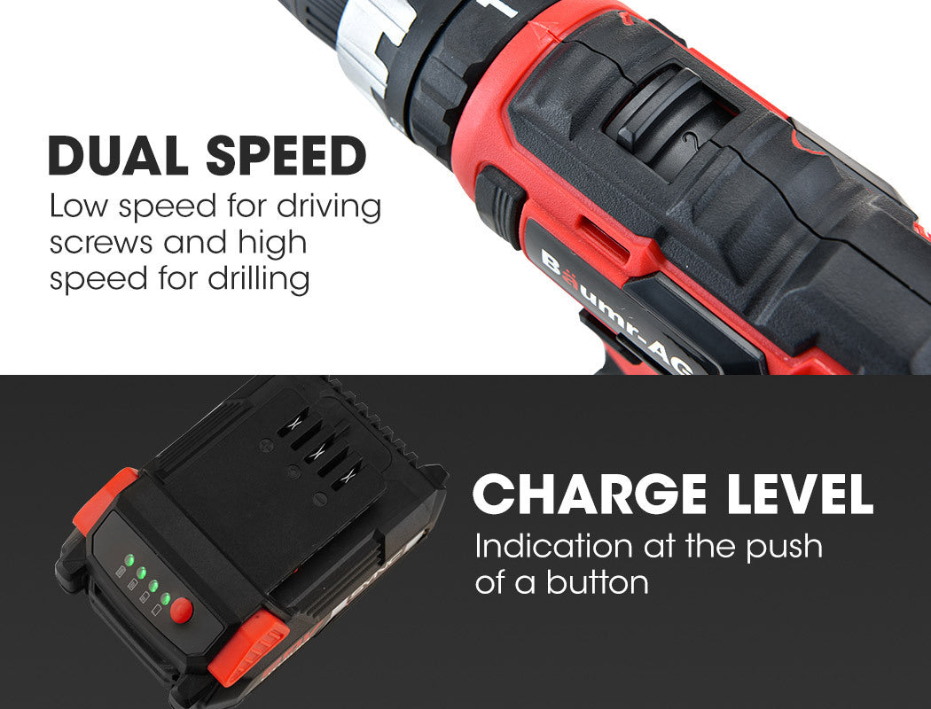 BAUMR-AG 20V Cordless Power Drill Kit Lithium Battery Hammer Drilling with Bag Deals499