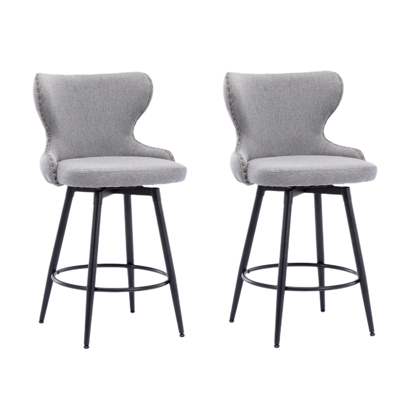 2x Swivel Bar Stools Tufted Counter Chairs with Stud Trim and Metal Base-Dark Grey Deals499