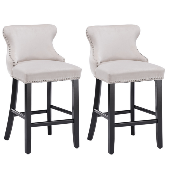 2x Velvet Upholstered Button Tufted Bar Stools with Wood Legs and Studs-Beige Deals499