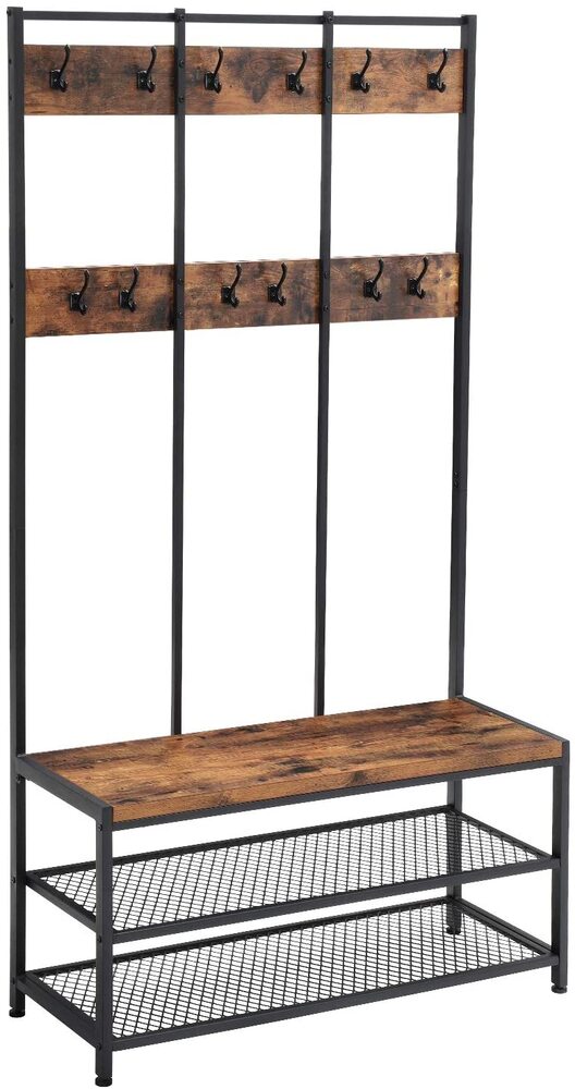 VASAGLE Large Coat Rack Stand Coat Tree with 12 Hooks and Shoe Bench Brown and Black HSR86BX Deals499