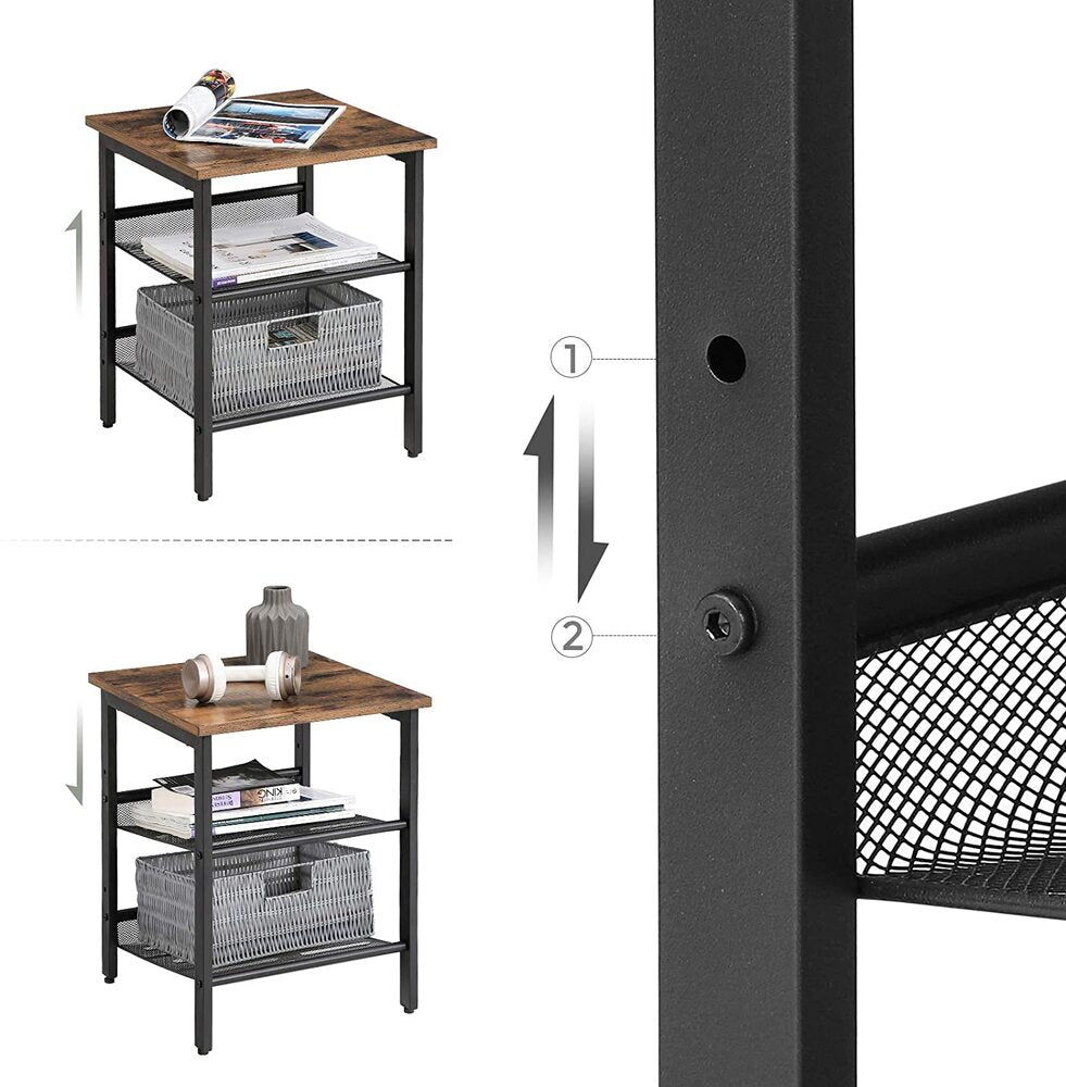 VASAGLE Side Table Set Nightstand Industrial Set of 2 Bedside Tables with Adjustable Mesh Shelves Rustic Brown and Black LET24X Deals499