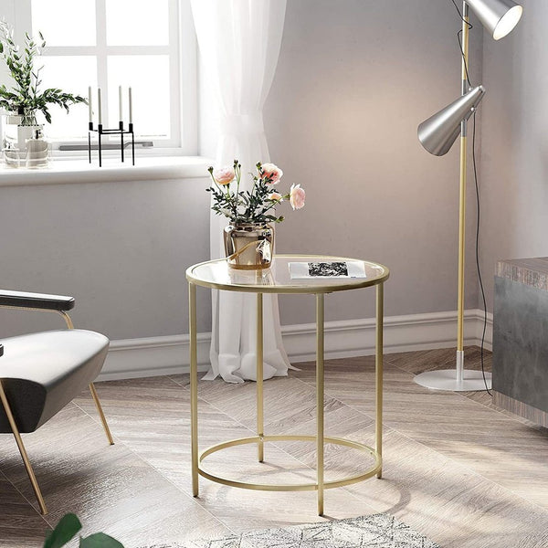 VASAGLE Round Side Table Tempered Glass End Table With Golden Metal Frame Small Coffee Table Gold LGT20G Deals499