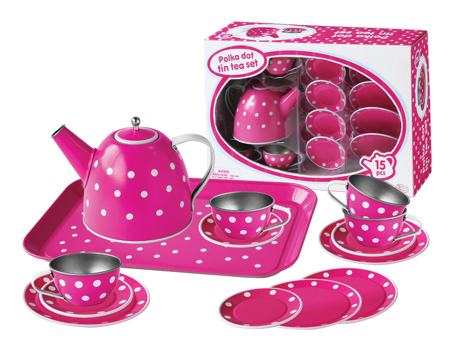 WHITE POLKA DOT ON PINK TIN TEA SET 15PCS Deals499